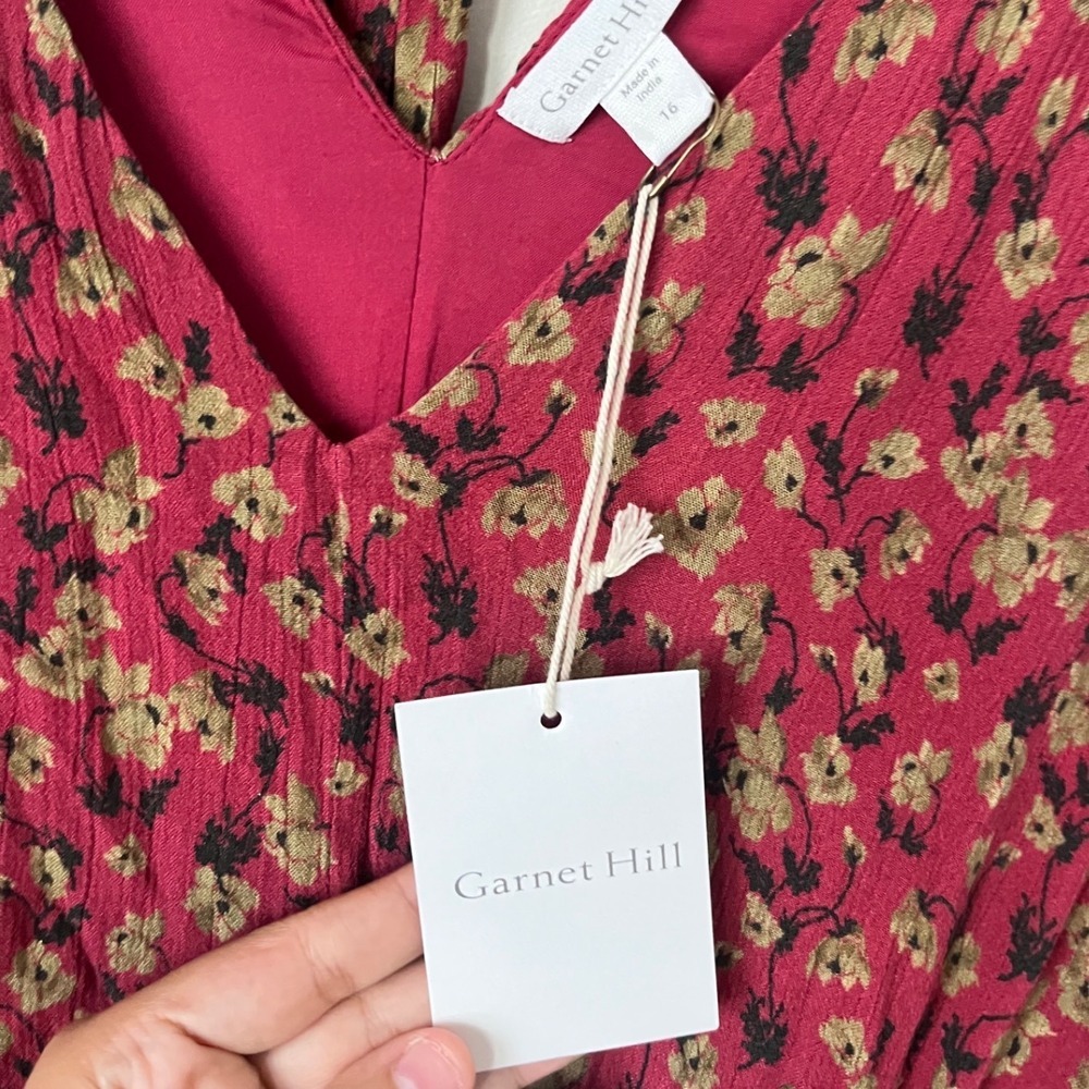 Garnet Hill Womens Burgundy Floral Smocked Waist Boho Midi Dress Size 16 NWT - Picture 2 of 12